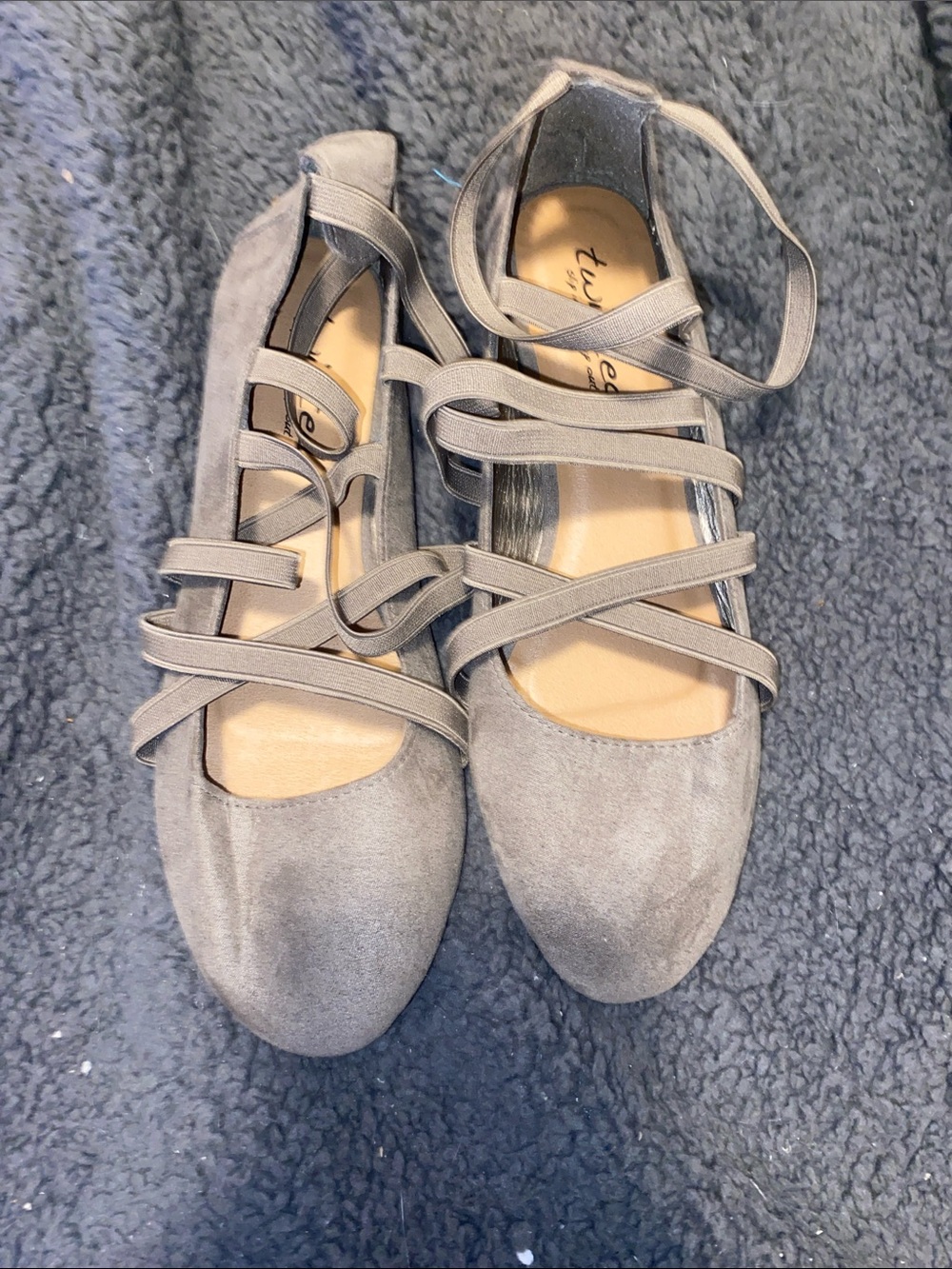 Twisted Taupe Suede-Style Ballet Flats with Crisscross Straps